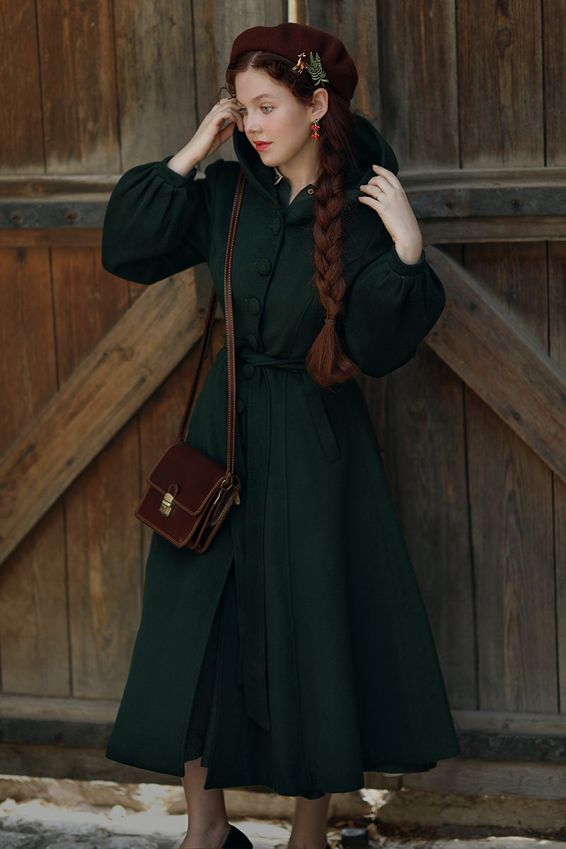 Long Dark Green Hooded Wool Coat 3870