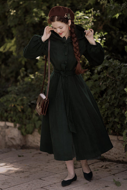 Long Dark Green Hooded Wool Coat 3870