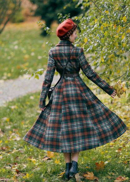 British Heritage Plaid Wool Coat – Elegant Long Winter Overcoat for Women 4730