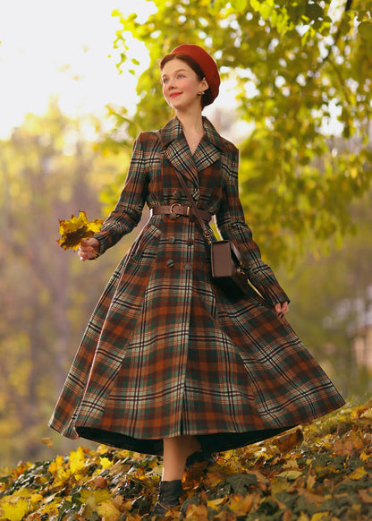 British Heritage Plaid Wool Coat – Elegant Long Winter Overcoat for Women 4730