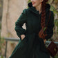 Long Dark Green Hooded Wool Coat 3870