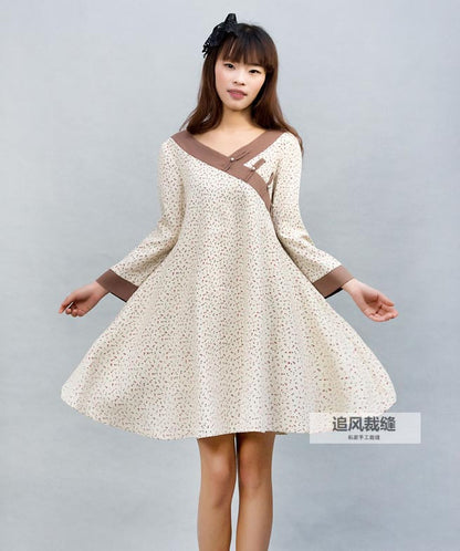 Handmade Cream and Brown Linen Dress – Splice Long Sleeve A-Line Dress | Xiaolizi 0029