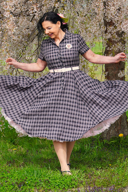 Plaid Linen Midi Fit and Flare Shirt Dress - Collared, Button-Up 3480