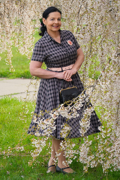 Plaid Linen Midi Fit and Flare Shirt Dress - Collared, Button-Up 3480