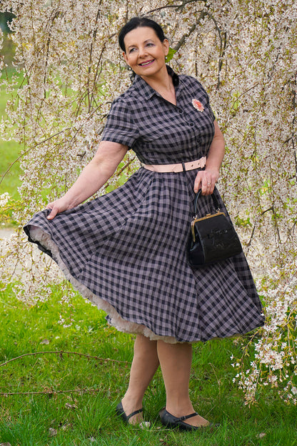 Plaid Linen Midi Fit and Flare Shirt Dress - Collared, Button-Up 3480