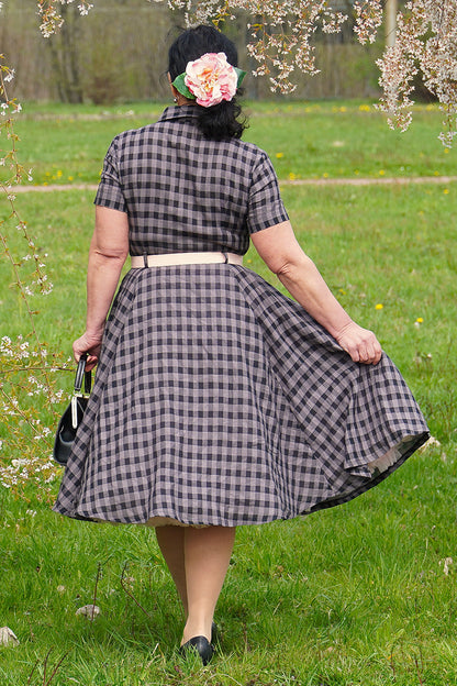 Plaid Linen Midi Fit and Flare Shirt Dress - Collared, Button-Up 3480