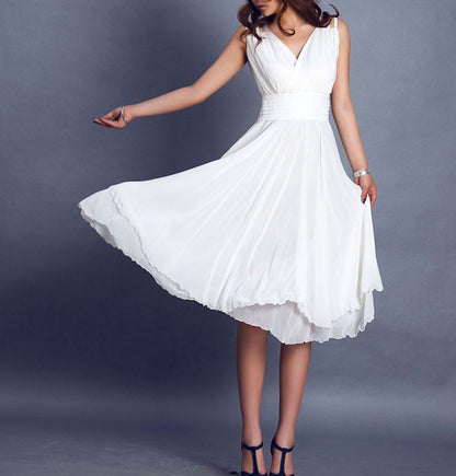White Chiffon Midi Dress - V-Neck Sleeveless High Waist 99