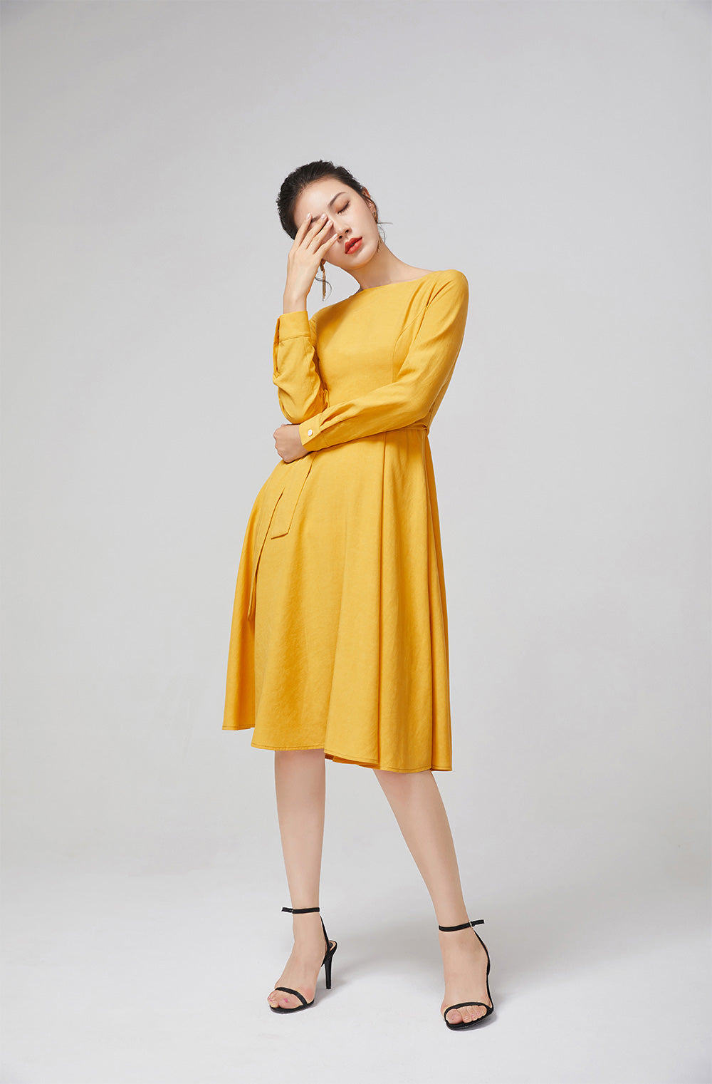 Yellow Cotton Fit and Flare Dress with Bracelet Sleeves