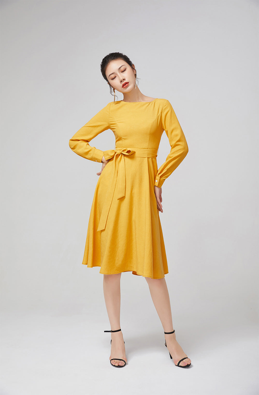 Yellow Cotton Fit and Flare Dress with Bracelet Sleeves