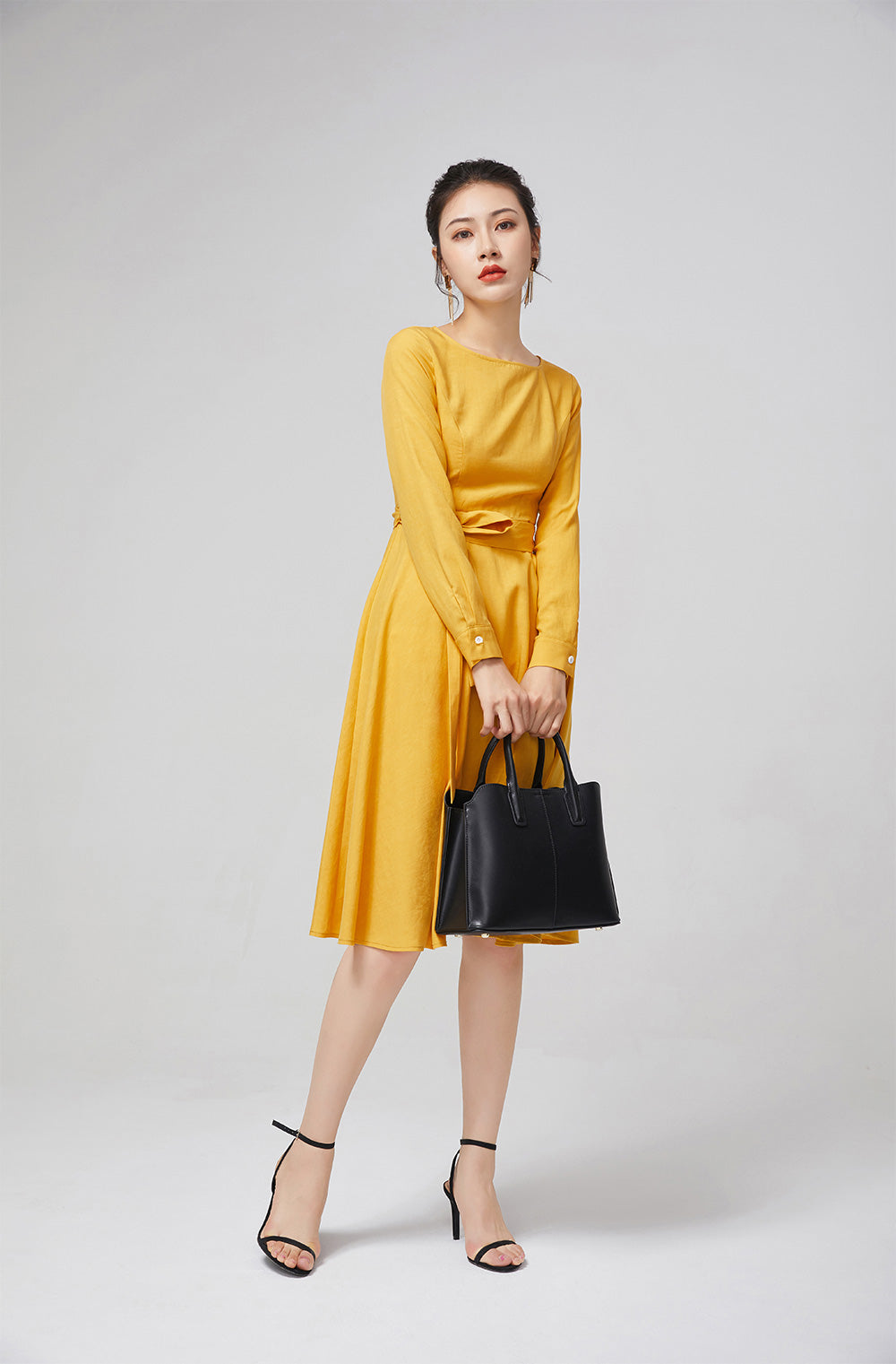 Yellow Cotton Fit and Flare Dress with Bracelet Sleeves