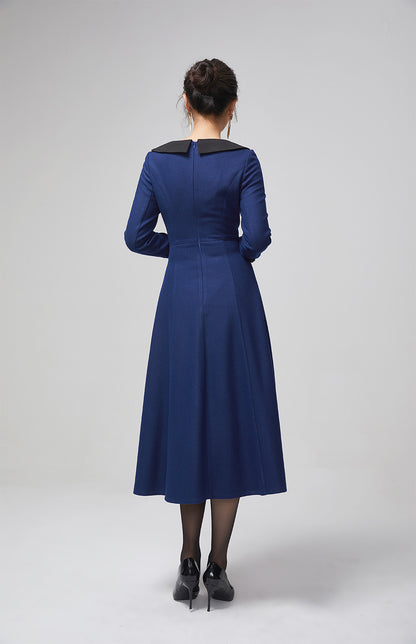 Blue Wool Midi Dress - Long Sleeves and Elegant Cuff Details 2208