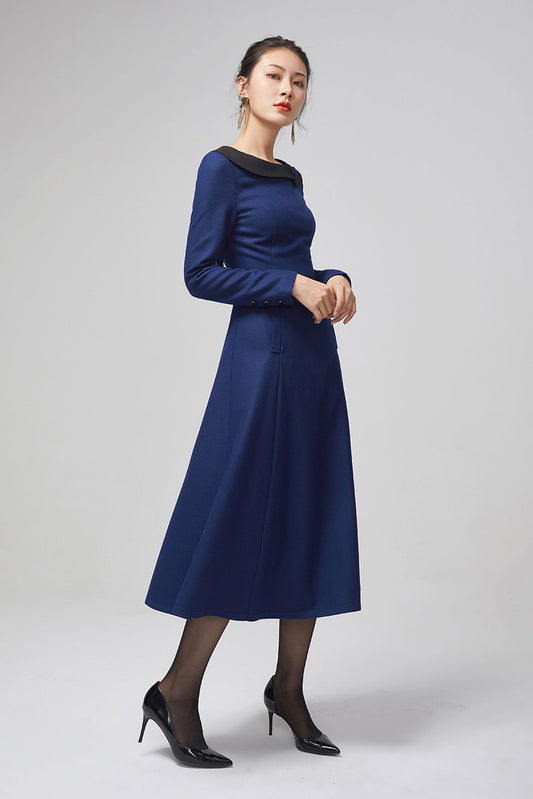 blue wool long women dress with long sleeves 2208#