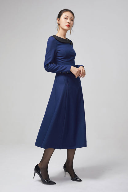 Blue Wool Midi Dress - Long Sleeves and Elegant Cuff Details 2208