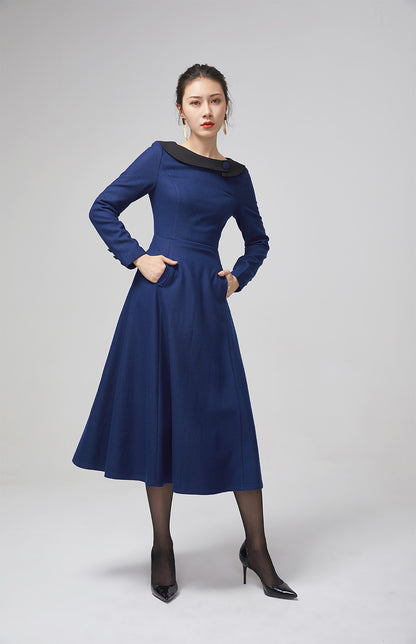 Blue Wool Midi Dress - Long Sleeves and Elegant Cuff Details 2208