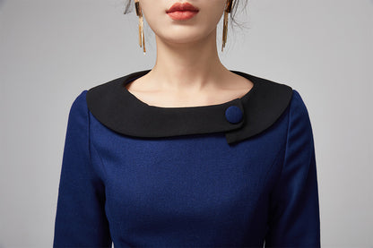 Blue Wool Midi Dress - Long Sleeves and Elegant Cuff Details 2208
