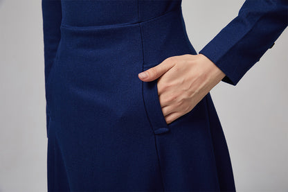 Blue Wool Midi Dress - Long Sleeves and Elegant Cuff Details 2208