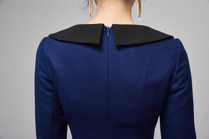 Blue Wool Midi Dress - Long Sleeves and Elegant Cuff Details 2208