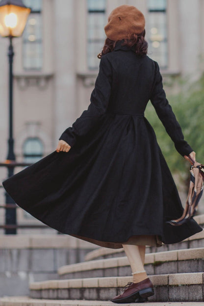 Women’s Black Wool Midi Coat – Handmade Fit and Flare Elegant Style | Xiaolizi 3220