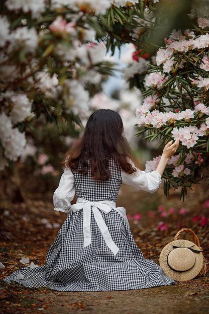 Black & White Plaid Linen A-Line Dress - Pleated Square Neckline 3479