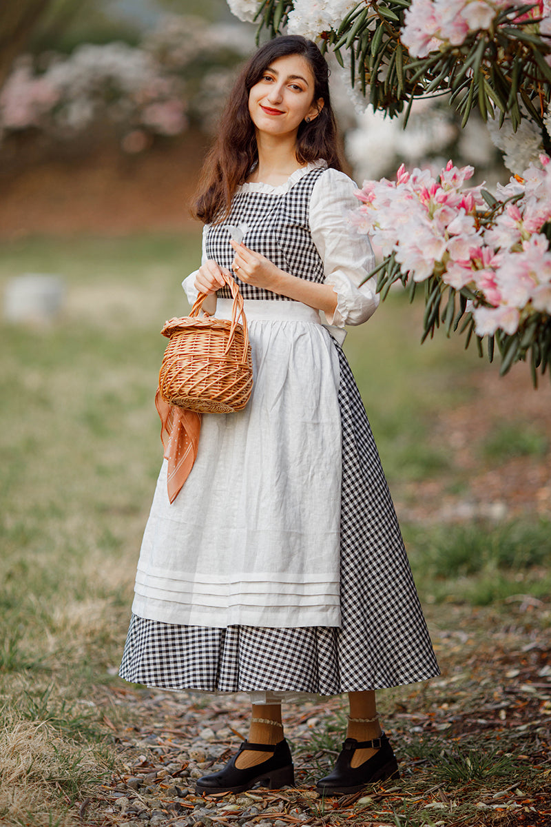 Black & White Plaid Linen A-Line Dress - Pleated Square Neckline 3479