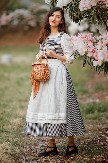 Black & White Plaid Linen A-Line Dress - Pleated Square Neckline 3479