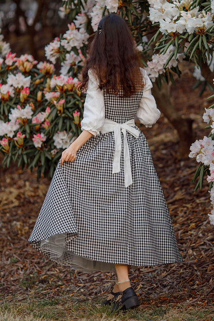 Black & White Plaid Linen A-Line Dress - Pleated Square Neckline 3479