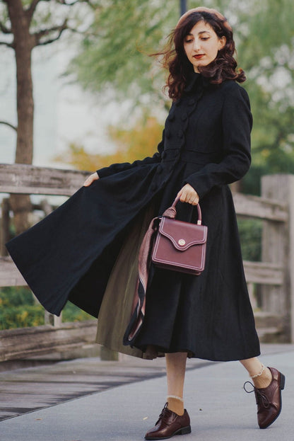 Women’s Black Wool Midi Coat – Handmade Fit and Flare Elegant Style | Xiaolizi 3220