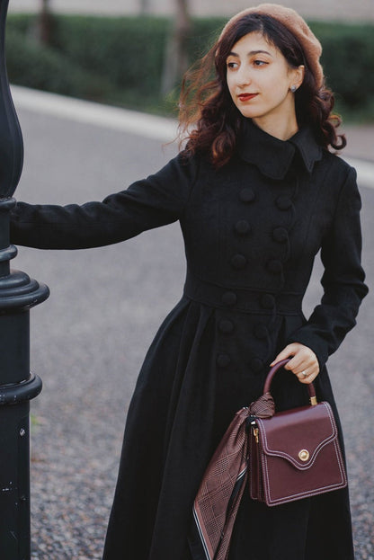 Women’s Black Wool Midi Coat – Handmade Fit and Flare Elegant Style | Xiaolizi 3220