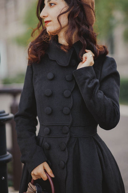 Women’s Black Wool Midi Coat – Handmade Fit and Flare Elegant Style | Xiaolizi 3220