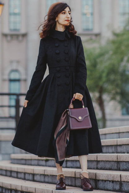 Women’s Black Wool Midi Coat – Handmade Fit and Flare Elegant Style | Xiaolizi 3220