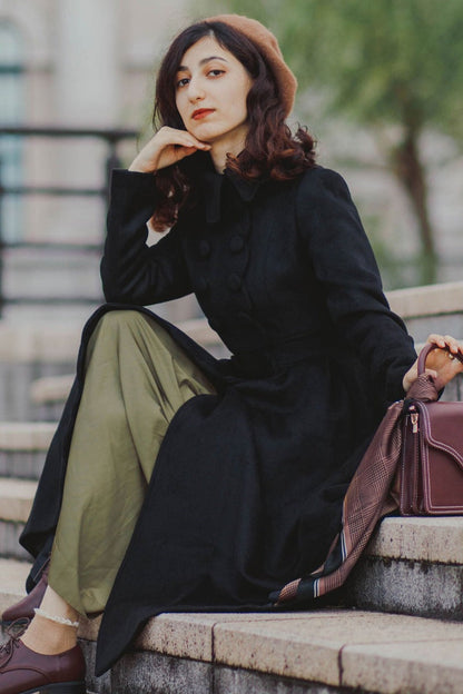 Women’s Black Wool Midi Coat – Handmade Fit and Flare Elegant Style | Xiaolizi 3220