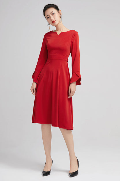 Red Polyester A-Line Knee Length Dress - Fitted Waist with Ruffle Sleeves 2223