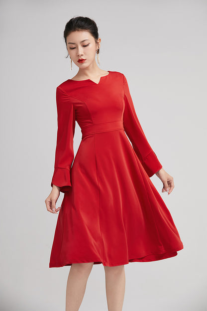 Red Polyester A-Line Knee Length Dress - Fitted Waist with Ruffle Sleeves 2223