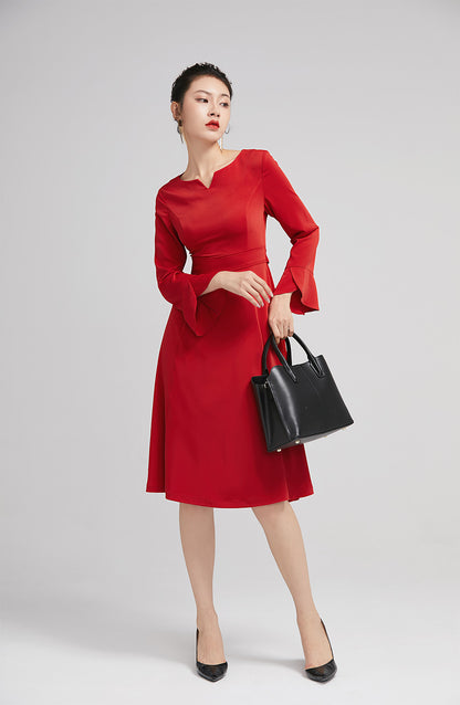 Red Polyester A-Line Knee Length Dress - Fitted Waist with Ruffle Sleeves 2223