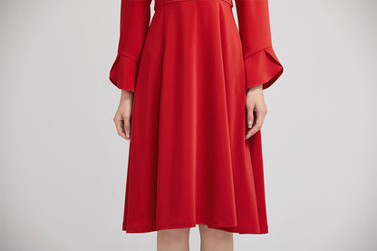 Red Polyester A-Line Knee Length Dress - Fitted Waist with Ruffle Sleeves 2223