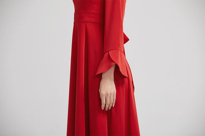 Red Polyester A-Line Knee Length Dress - Fitted Waist with Ruffle Sleeves 2223