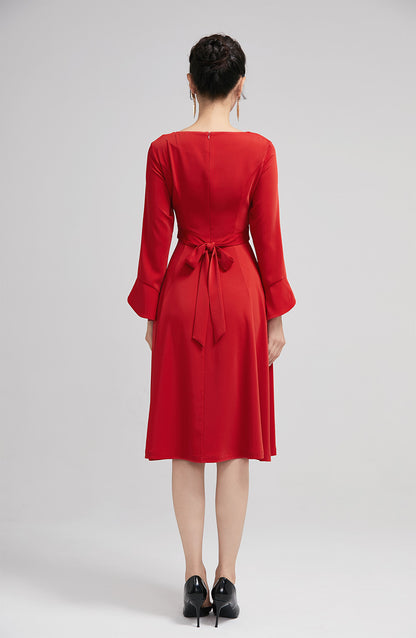 Red Polyester A-Line Knee Length Dress - Fitted Waist with Ruffle Sleeves 2223