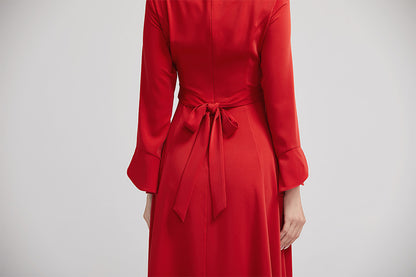 Red Polyester A-Line Knee Length Dress - Fitted Waist with Ruffle Sleeves 2223