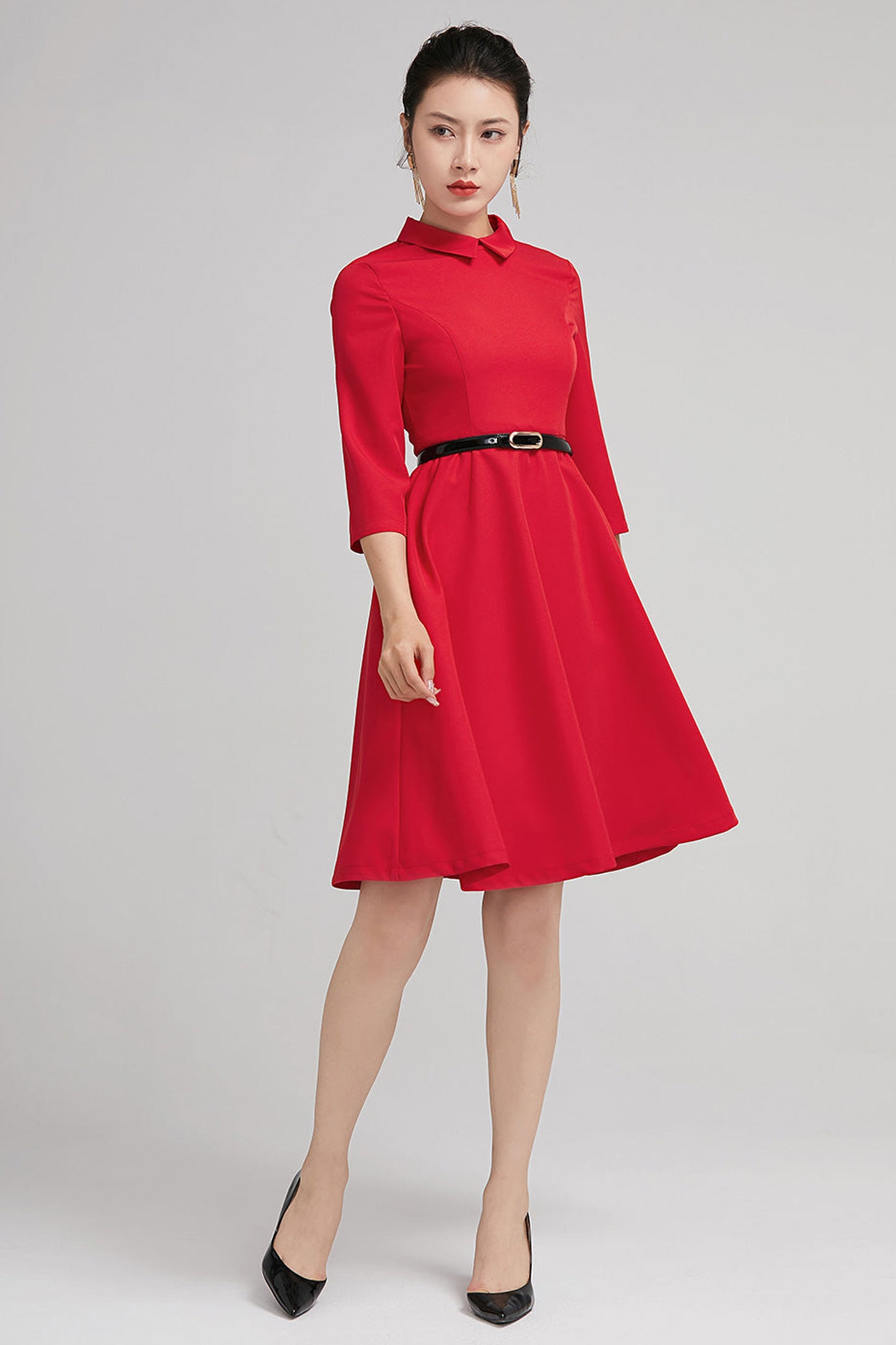 collared red dress with short sleeves Bright Red Twirl Dress