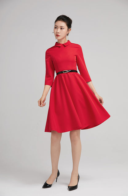 Red Polyester Fit and Flare Short Dress - Shirt Collar, 3/4 Sleeves 2225