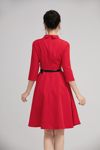Red Polyester Fit and Flare Short Dress - Shirt Collar, 3/4 Sleeves 2225