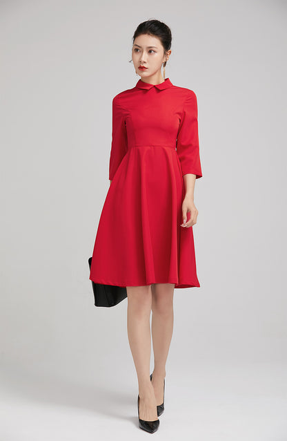 Red Polyester Fit and Flare Short Dress - Shirt Collar, 3/4 Sleeves 2225