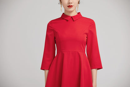 Red Polyester Fit and Flare Short Dress - Shirt Collar, 3/4 Sleeves 2225