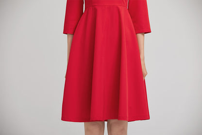 Red Polyester Fit and Flare Short Dress - Shirt Collar, 3/4 Sleeves 2225