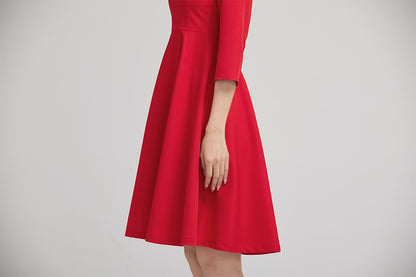 Red Polyester Fit and Flare Short Dress - Shirt Collar, 3/4 Sleeves 2225