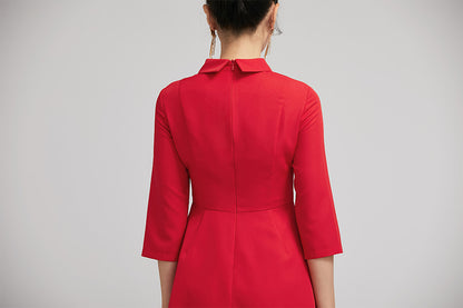 Red Polyester Fit and Flare Short Dress - Shirt Collar, 3/4 Sleeves 2225