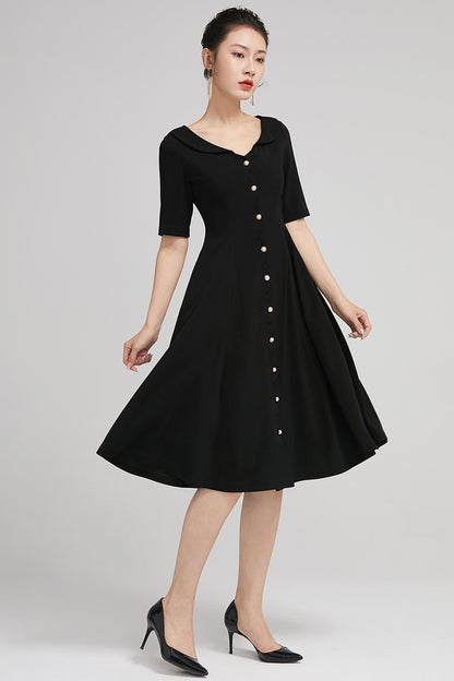 Black Polyester A-Line Dress - Button Closure with Ruffle Detail 2226