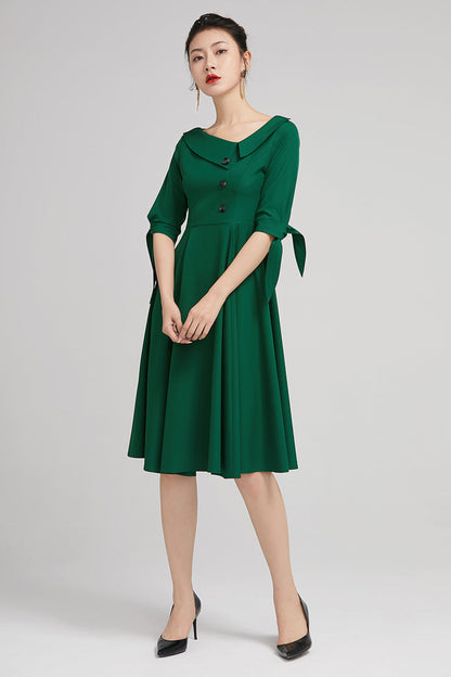 Green Polyester Swing Midi Dress - Lapel Collar with Pleated Skirt 2227