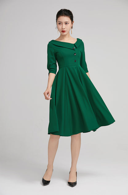 Green Polyester Swing Midi Dress - Lapel Collar with Pleated Skirt 2227