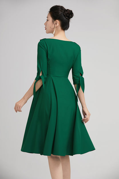Green Polyester Swing Midi Dress - Lapel Collar with Pleated Skirt 2227
